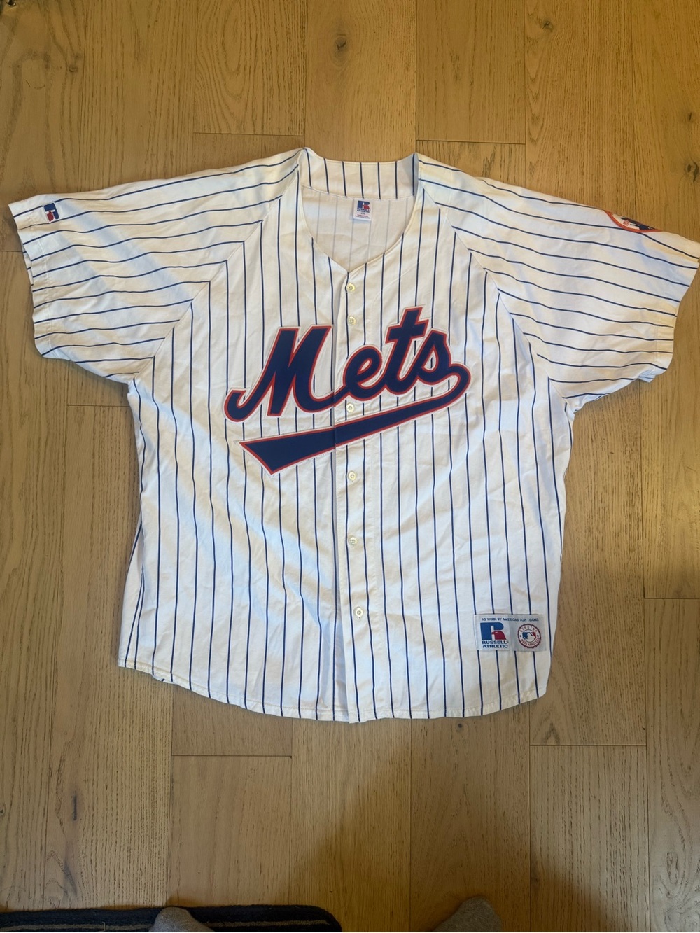 Russell Athletic White Jersey with Blue Pinstripes and Red Logo